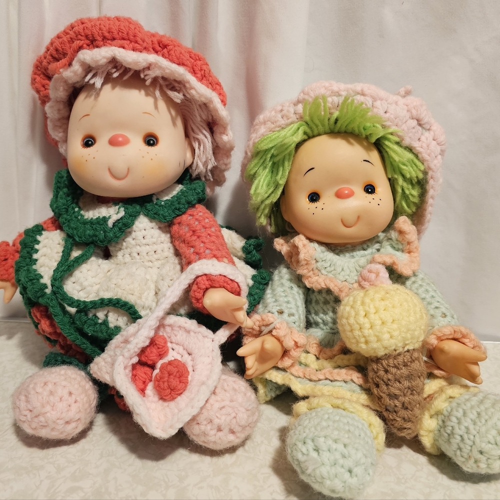 2 Vintage Homemade Crochet Dolls Set - Pink & Green 14"